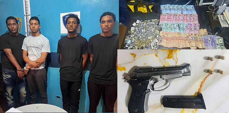 Policía apresa cuatro presuntos asaltantes de joyería y recupera dinero, joyas y un arma