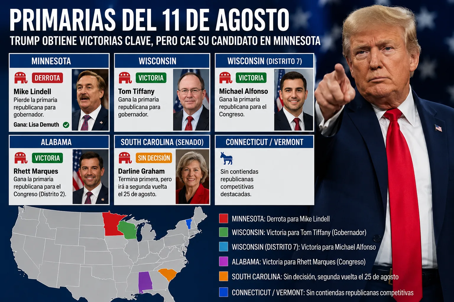 Trump mide su poder en las primarias: victorias en Wisconsin y Alabama, pero tropieza con Mike Lindell en Minnesota