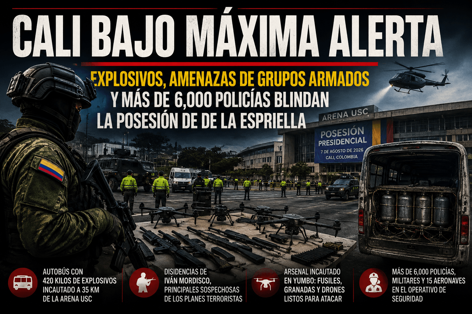 Cali bajo máxima alerta: explosivos, amenazas de grupos armados y más de 6,000 policías blindan la posesión de De la Espriella