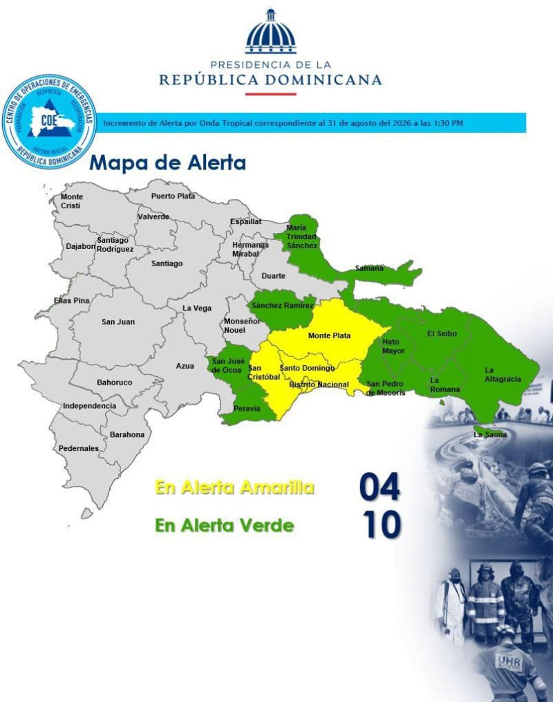 COE eleva a cuatro las demarcaciones en alerta amarilla por lluvias
